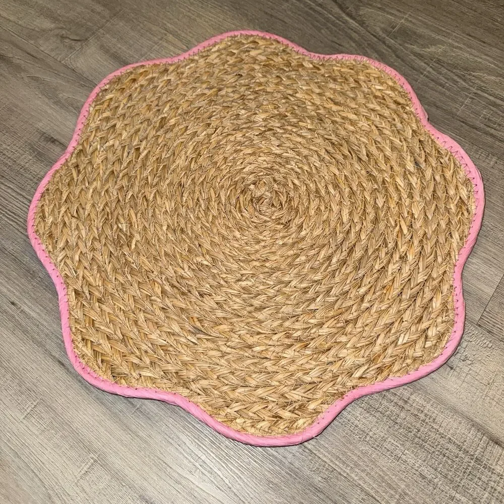 Hobby Lobby Woven Straw Flower Placemat Natural Tan Pink Trim Boho Decor NWOT